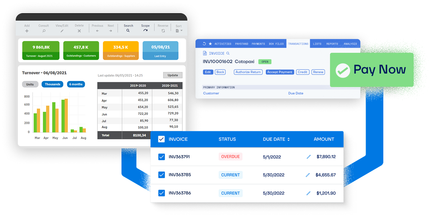 1 Sage 100 product UI mockup — invoice list + Pay Now flow