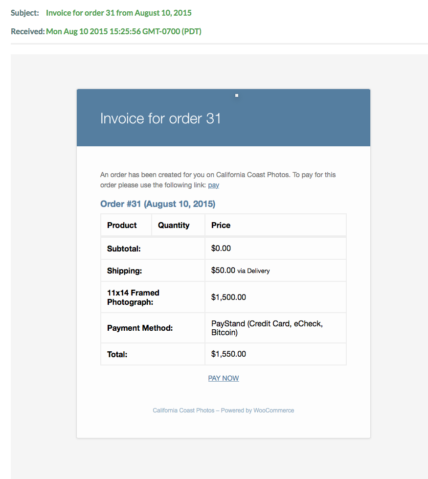 how to use woocommerce to email an invoice with a pay now link a